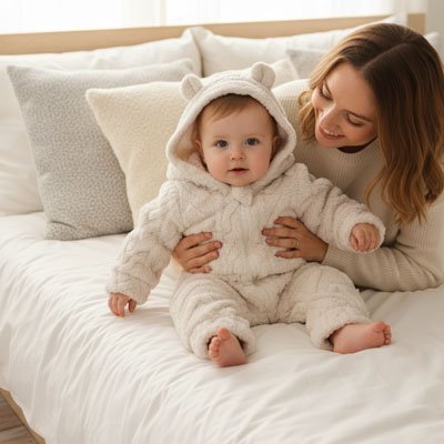 Bébé dans sa combinaison hiver pour bebe assis sur le lit avec maman.