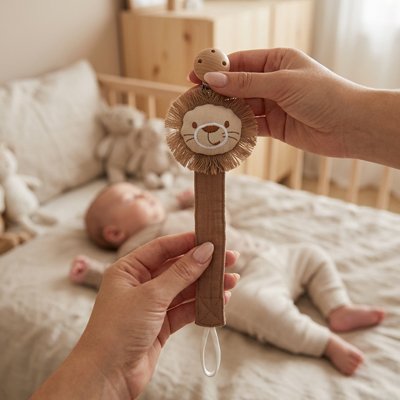 Bébé endormi avec son attache tetine lion marron.