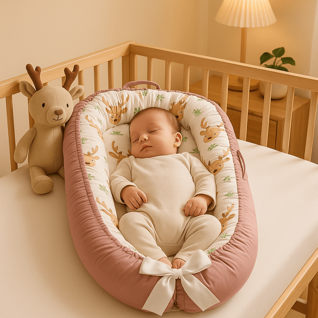 Bébé endormi dans son nid d ange bebe réducteur de lit rose.