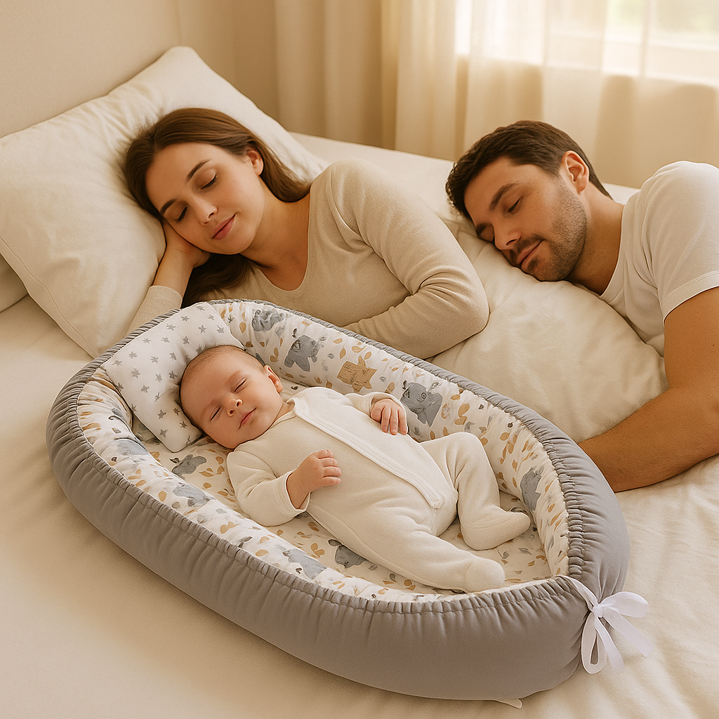 Bébé endormi dans son nid d ange entre papa et maman.