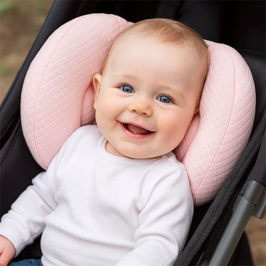 Bébé heureux en promenade avec son cale tete bebe rose.