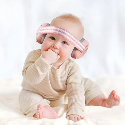 Bébé mangeant son poing portant son casque bruit bébé rose.