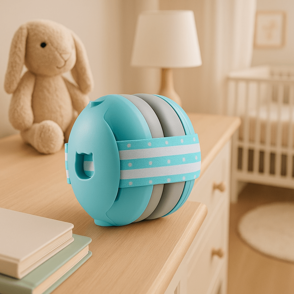 Casque anti bruit bébé bleu déposé sur la commode de la chambre de bébé.
