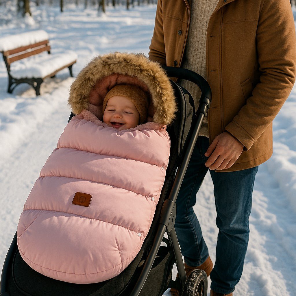 Papa en hiver et chanceliere bebe rose dans la poussette.