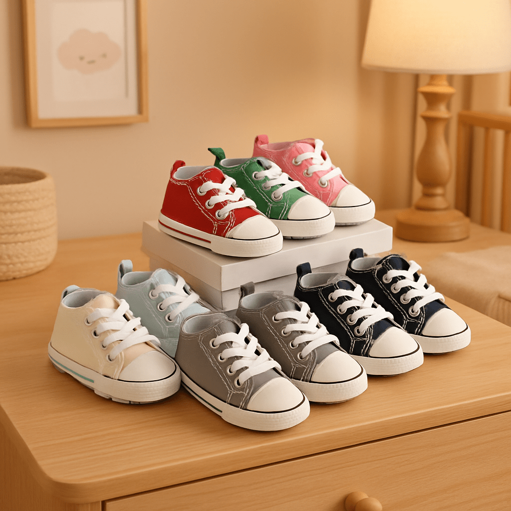 Chaussures bebe colorées déposées sur une commode bébé.