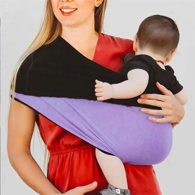 Echarpe de portage réversible noire et lilas.