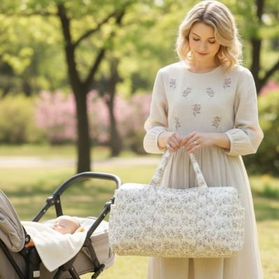 Maman avec grand sac a langer bebe beige fleuri.