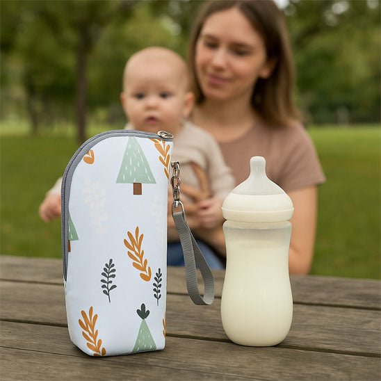 Maman et bébé au parc avec un porte biberon isotherme.