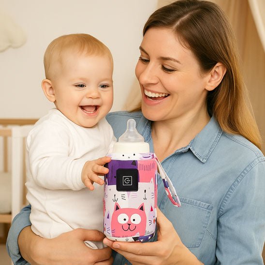 Maman et bébé joyeux tenant un chauffe biberon portable chat rose.