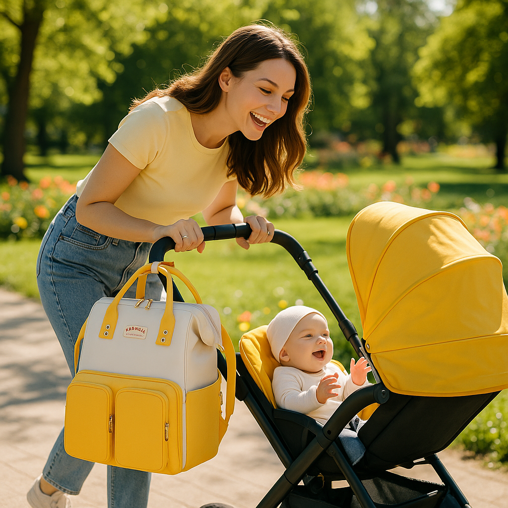 Maman heureuse promenant bébé avec poussette et sac a langer jaunes