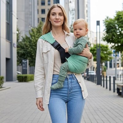 Maman marche en ville avec bébé dans son porte bebe vert.