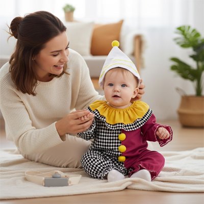 Maman place le chapeau d'un déguisement bébé Arlequin.
