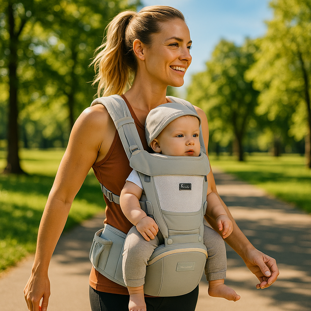 Maman sportive en promenade avec porte bebe évolutif gris