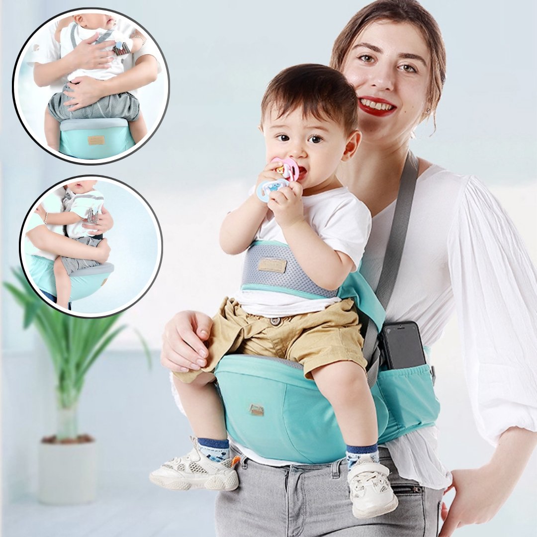 Maman transportant son fils avec porte bebe siĂšge ergonomique