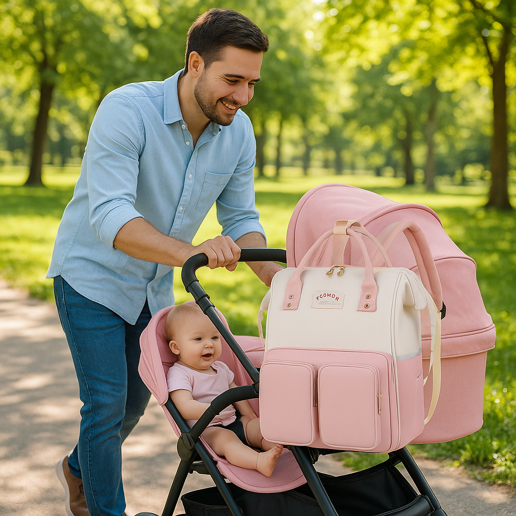 Papa en promenade avec sa fille dans sa poussette et son sac a langer rose.