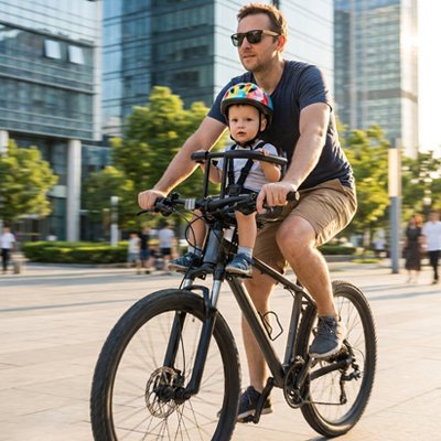 Papa en promenade en ville et bébé assis dans porte bebe velo.