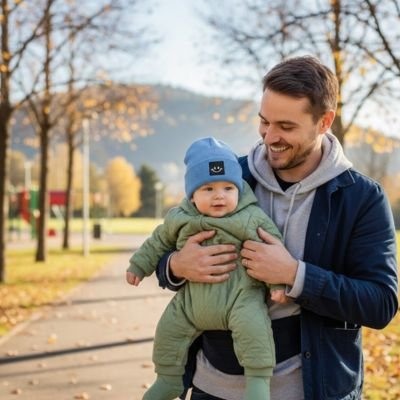 Papa et bébé à l'extérieur avec un bonnet bebe bleu.