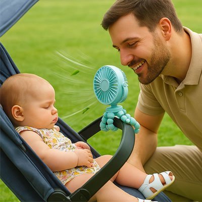 Papa installe un mini ventilateur pour rafraîchir bébé dans sa poussette.