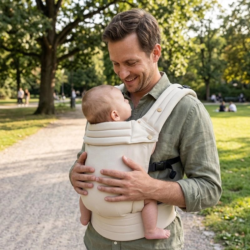 Papa portant son bébé dans un porte bebe universel élégant et confortable.
