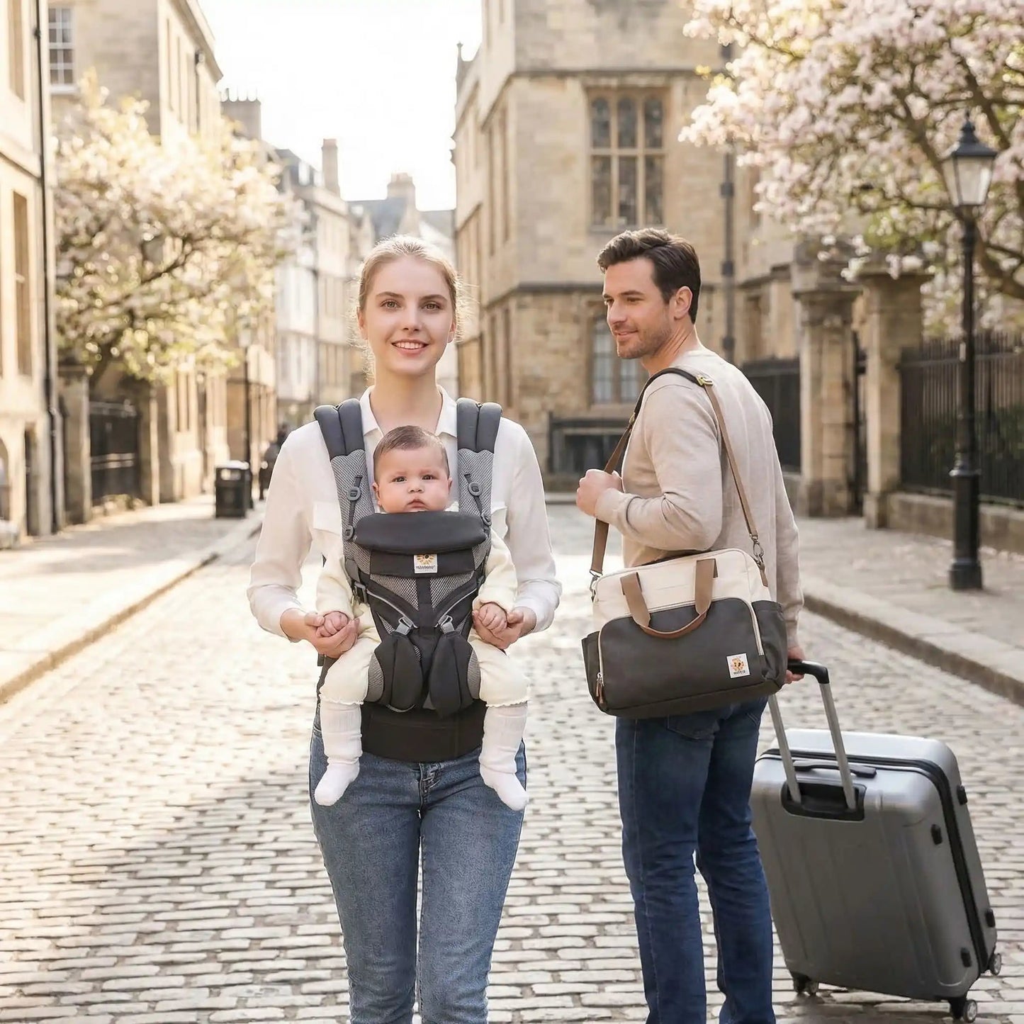 Parents en voyage avec leur porte bebe evolutif gris foncé.