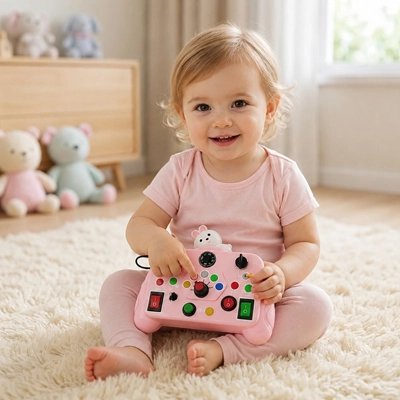 Petite fille avec son busy board bebe jouet Montessori rose portatif.