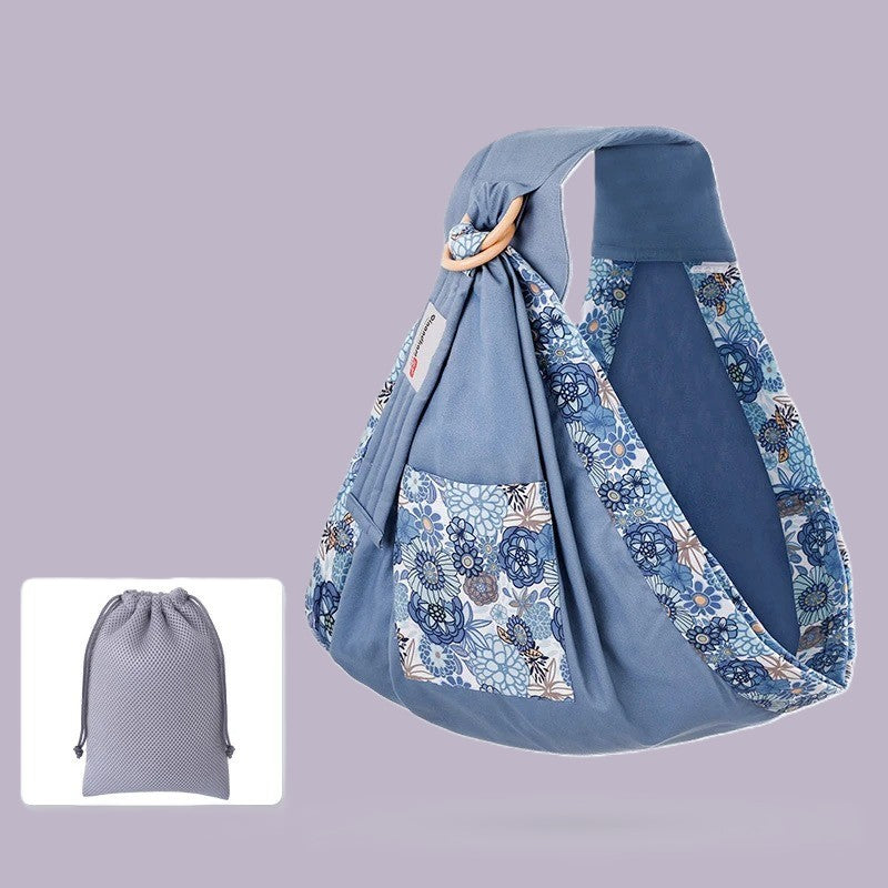Porte bébé bleu motifs fleurs et sac rangement