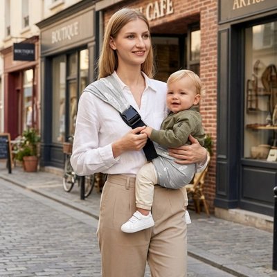 Porte bebe en coton gris clair pour le confort en promenade.