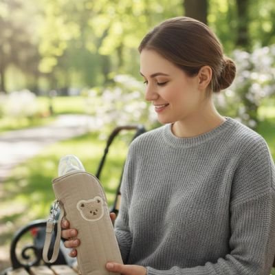 Porte biberon beige pour maintenir la température du lait materel.