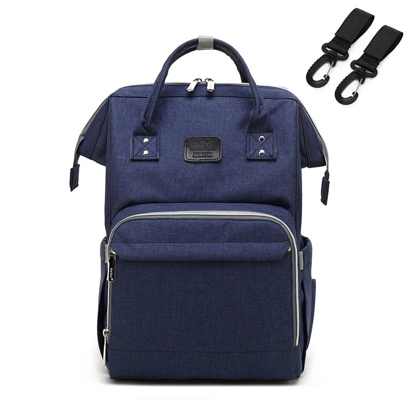 Sac à dos à langer bleu avec crochets poussette