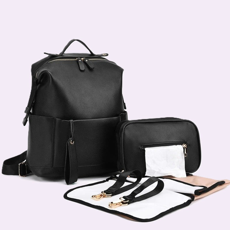 Sac a dos a langer cuir noir avec pochette et accessoires