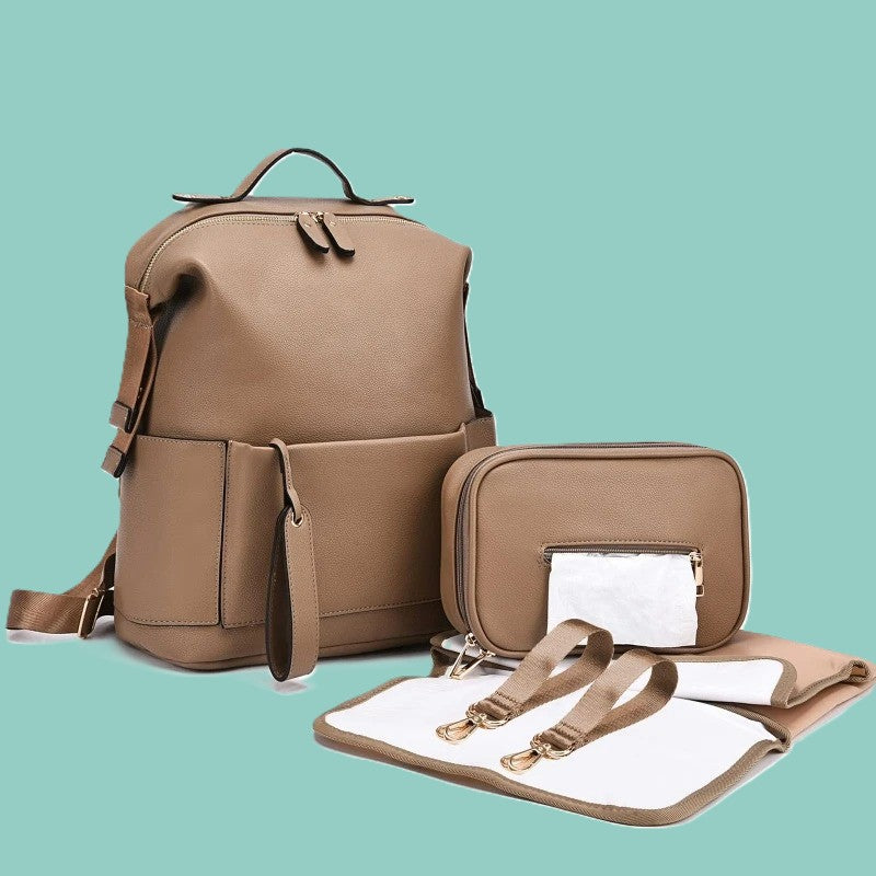 Sac a dos a langer cuir sable avec pochette et accessoires