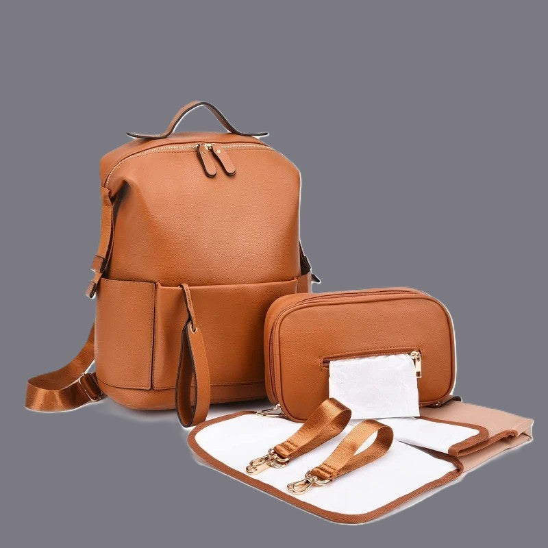 Sac a dos a langer cuir tan avec pochette et accessoires