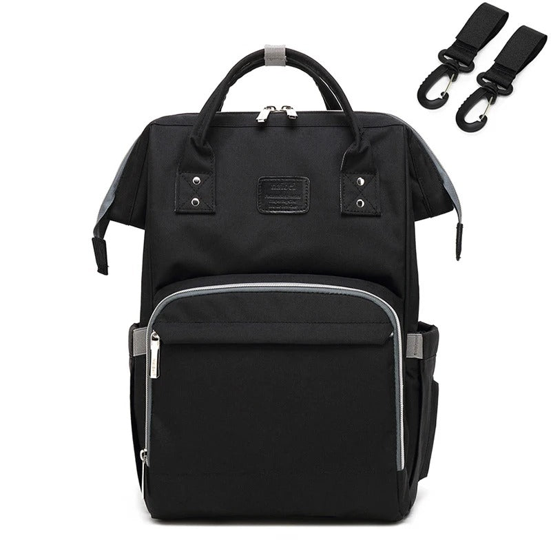 Sac à dos à langer noir avec crochets poussette