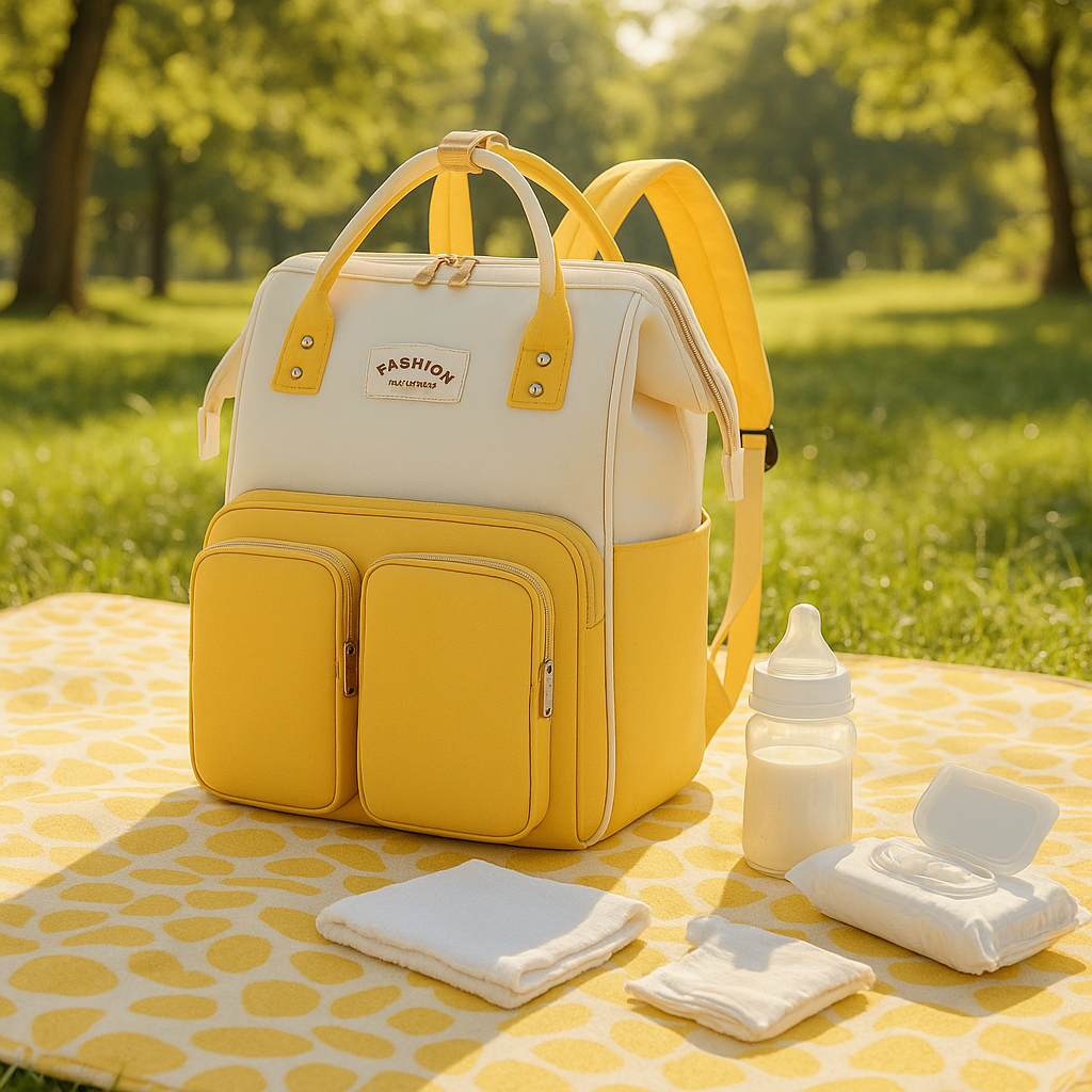 Sac a langer jaune déposé sur couverture avec articles bébé