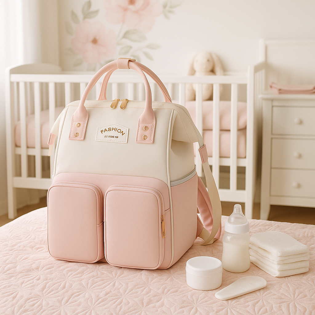 Sac a langer rose dans une magnifique chambre de bébé
