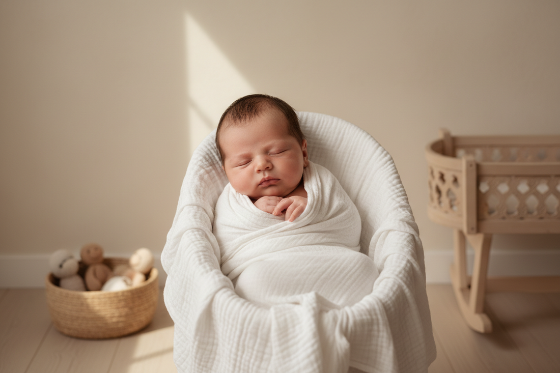 Bébé emmailloté dans sa couverture enveloppante en mousseline blanche.