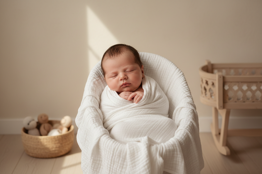 Bébé emmailloté dans sa couverture enveloppante en mousseline blanche.