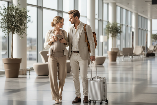 Parents à l'aéroport prêt pour l'embarquement avec leur bébé.