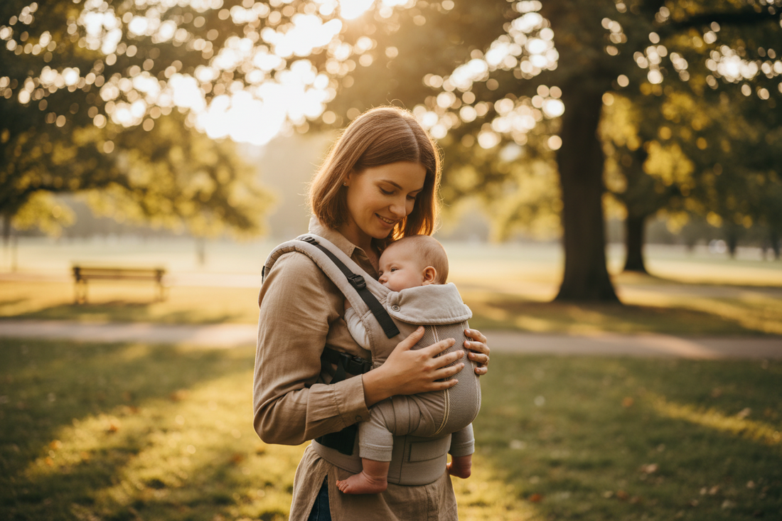 Maman portant son bébé en porte-bébé physiologique selon la règle TICKS.