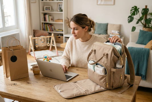 Maman préparant ses achats de puériculture et un sac à langer.