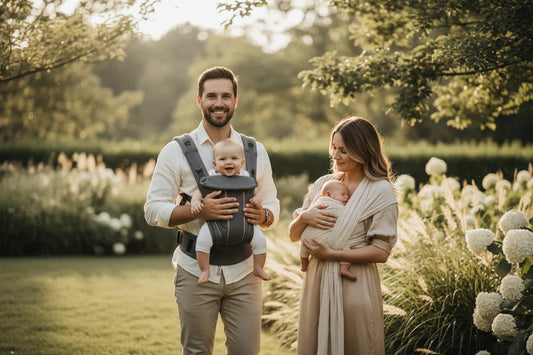 Papa en promenade avec son porte bebe et maman avec une echarpe de portage