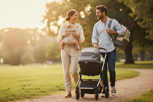 Parents en promenade avec une poussette, un porte-bébé et un sac à langer
