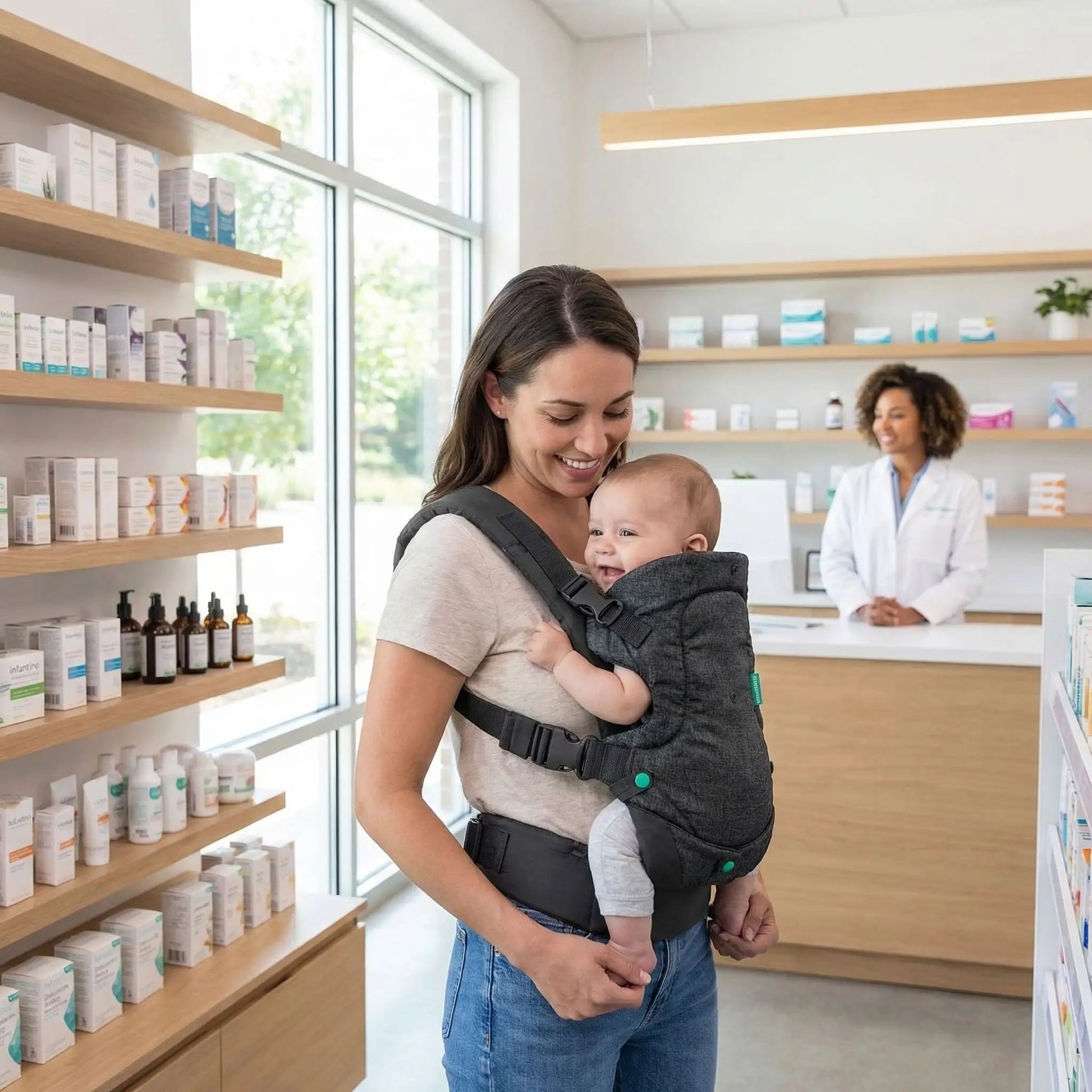 Maman à la pharmacie avec son porte bebe ergonomique gris foncé.