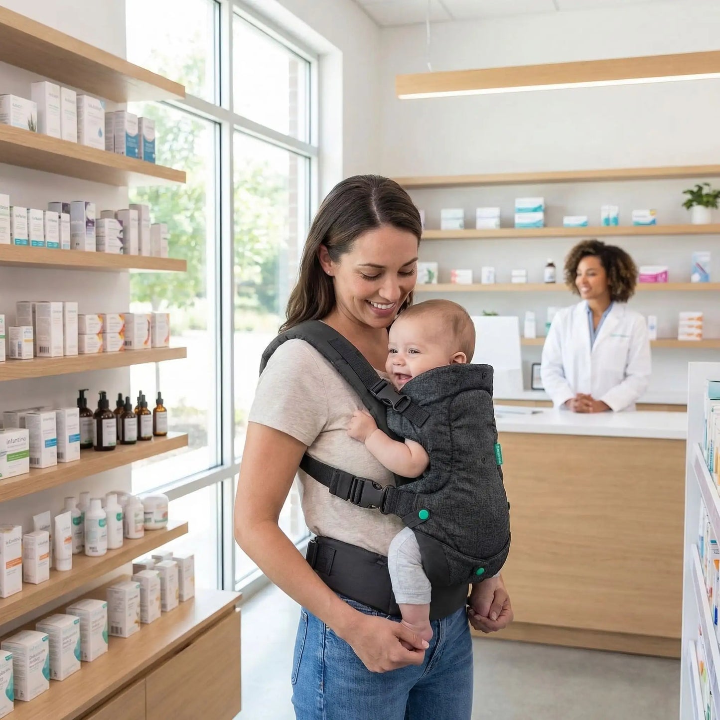 Maman à la pharmacie avec son porte bébé gris foncé.