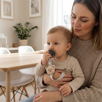 Attache tetine à carreaux avec ourson beige.