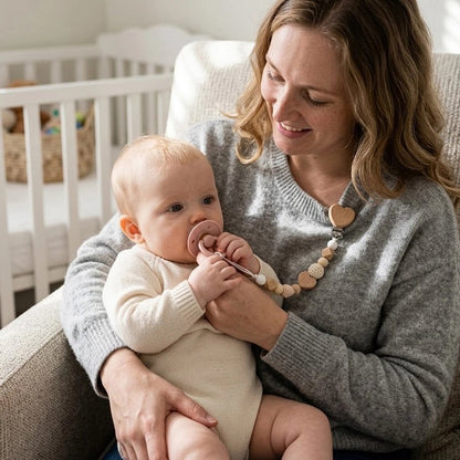 Attache tetine chaîne pour sucette accrochée à maman.