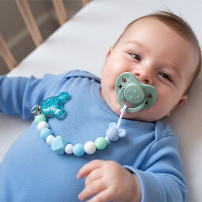 Attache tetine en silicone bleue avec clip en paillettes.