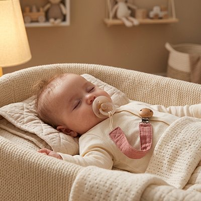 Attache tétine en tissu doux rose clair avec clip perle en bois.