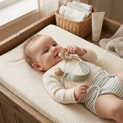 Attache tétine en tissu doux vert clair avec clip en bois naturel.