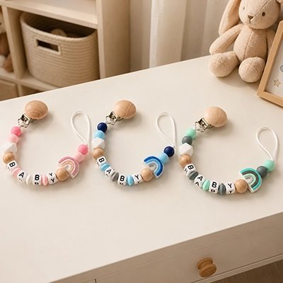 Attache tetine perles et arc-en-ciel en silicone offertes en 3 couleurs.